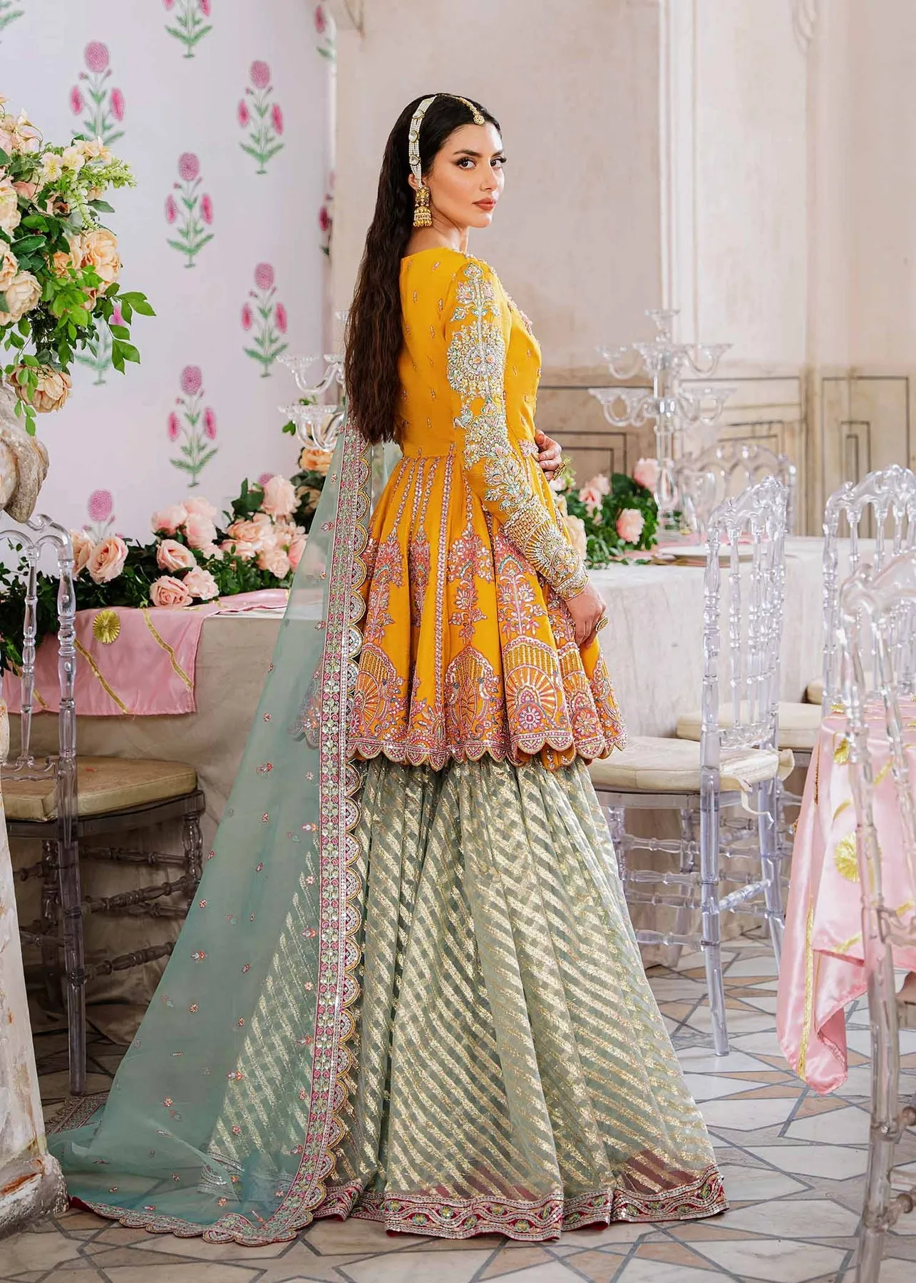 Yellow Blue Contrast Embroidered Pakistani Party Wear Sharara Kameez