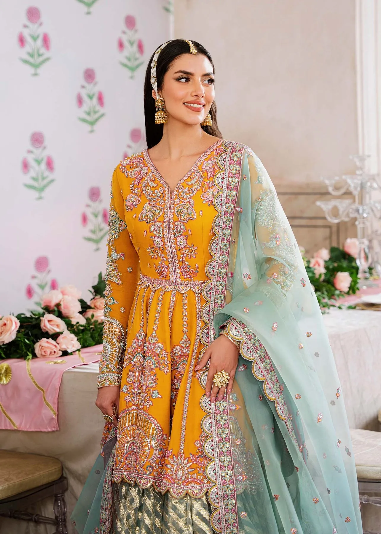 Yellow Blue Contrast Embroidered Pakistani Party Wear Sharara Kameez