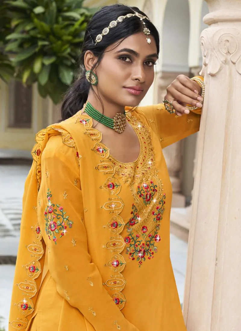 Yellow Handwork Embroidery Sharara Palazzo Suit