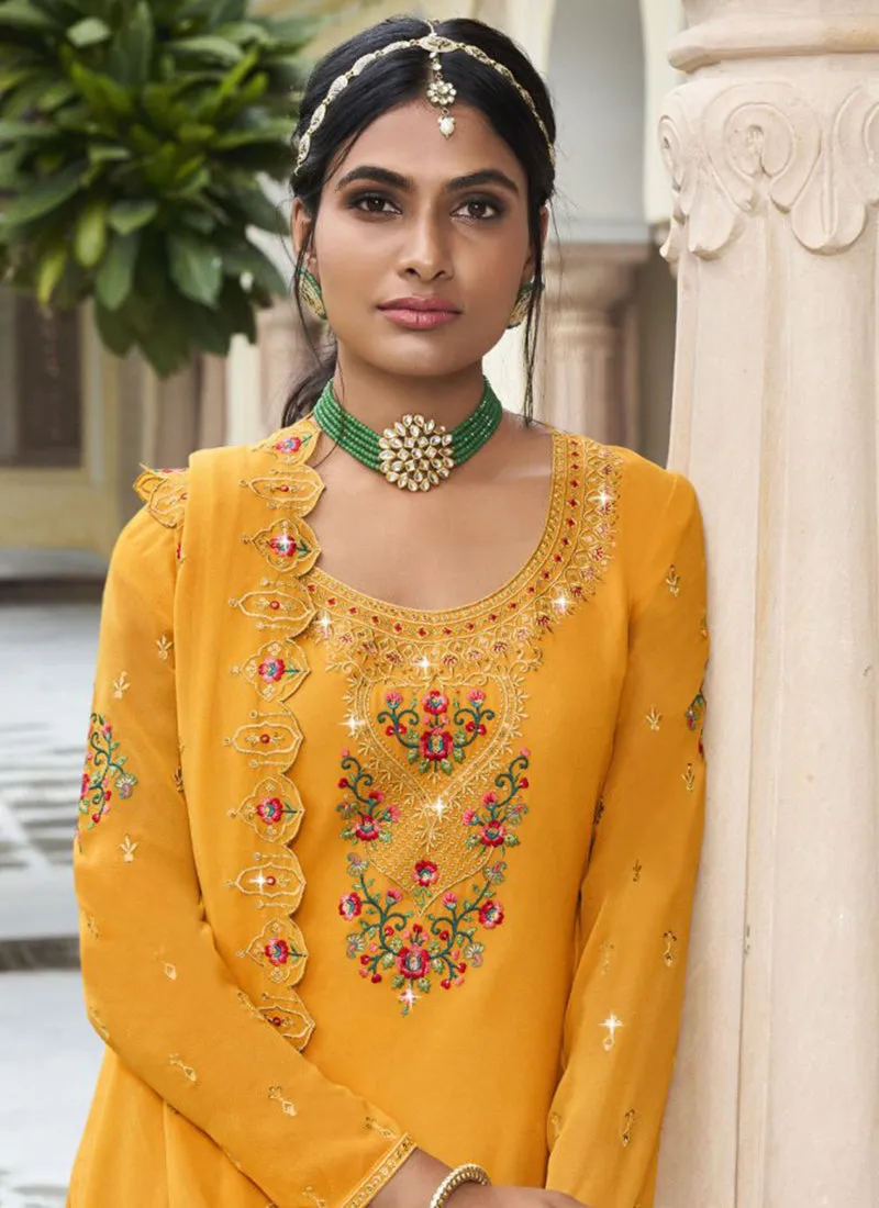 Yellow Handwork Embroidery Sharara Palazzo Suit