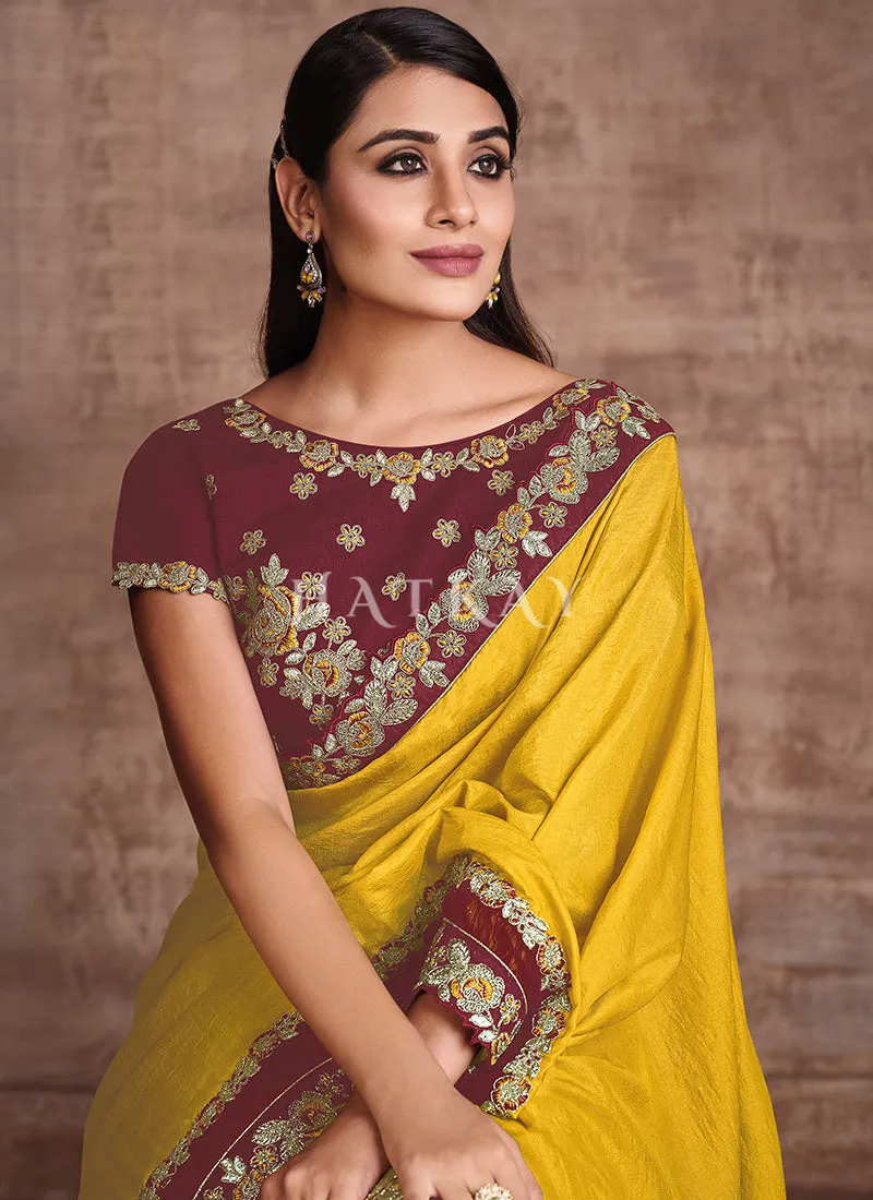 Yellow Maroon Traditional Zari Embroidered Party Wear Saree