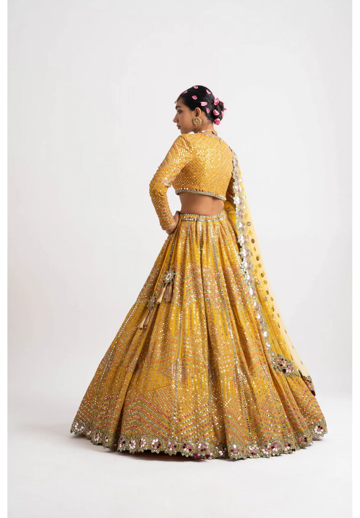 Yellow V Neck Heavy Multi Color Lehenga Set
