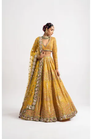 Yellow V Neck Heavy Multi Color Lehenga Set