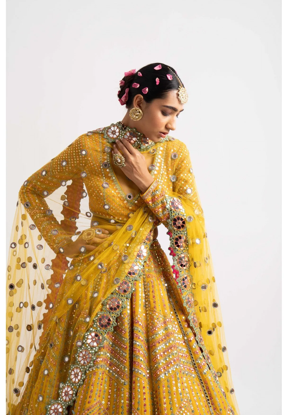 Yellow V Neck Heavy Multi Color Lehenga Set