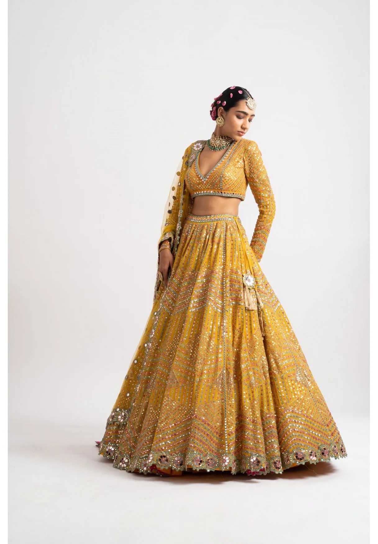 Yellow V Neck Heavy Multi Color Lehenga Set