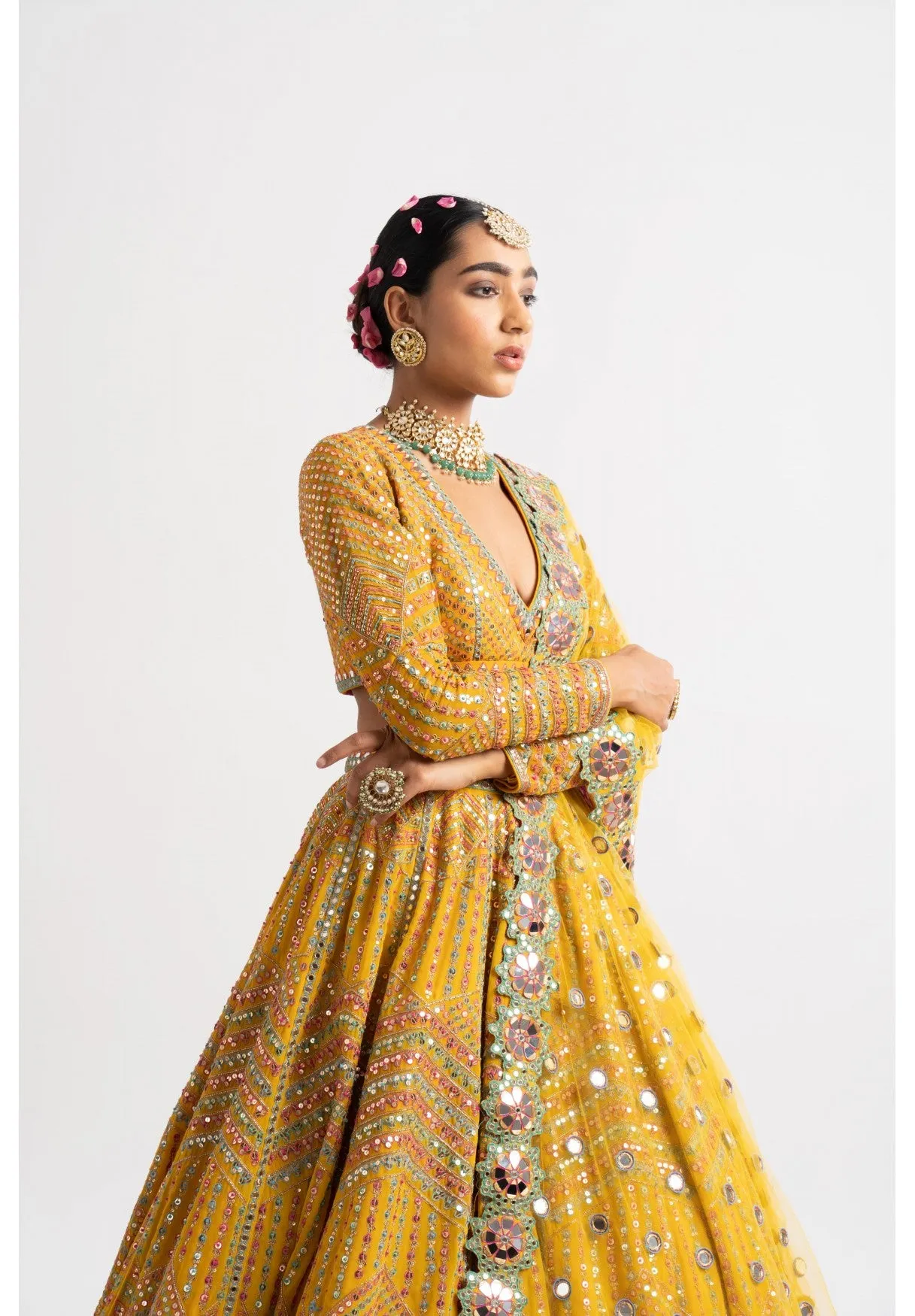 Yellow V Neck Heavy Multi Color Lehenga Set