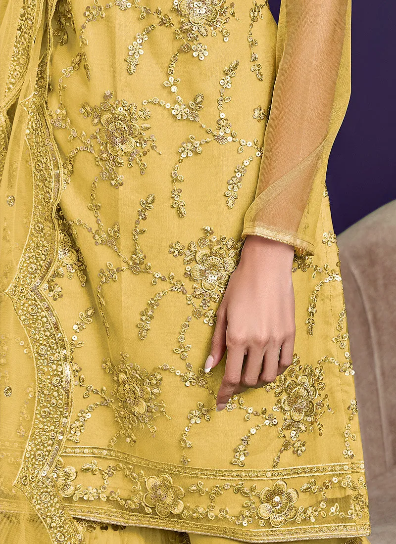Yellow Zari And Badla Embroidered Sharara Suit