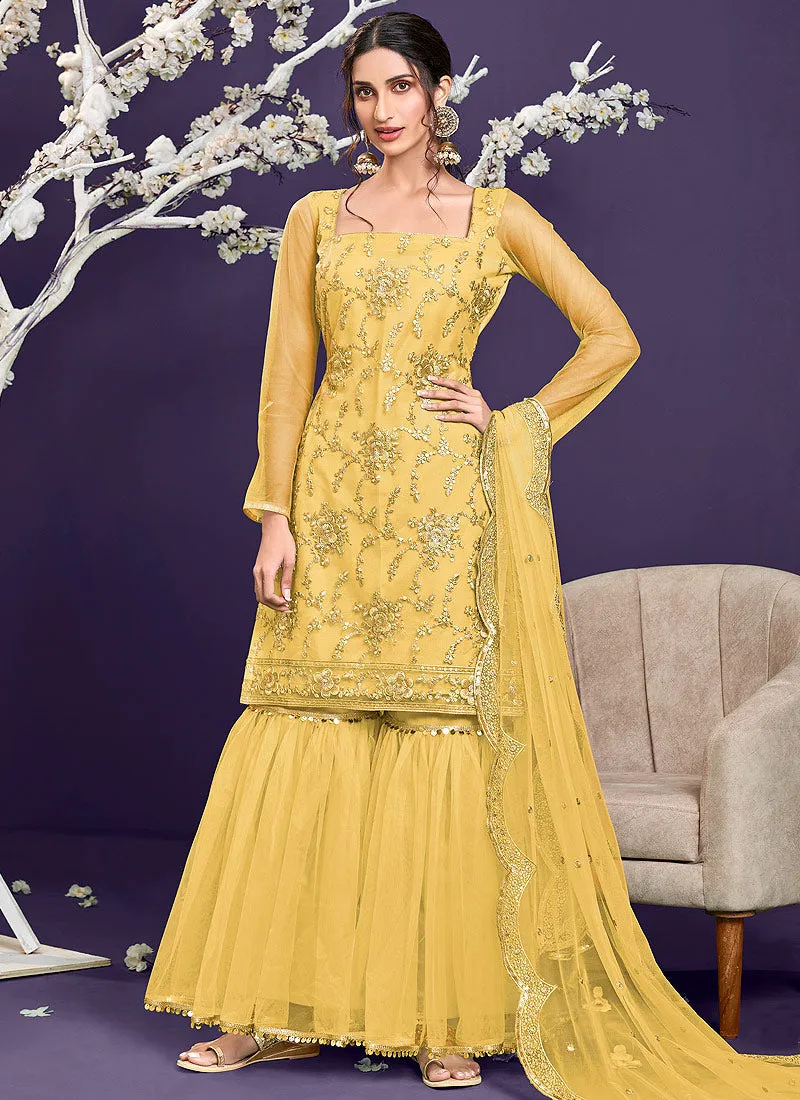 Yellow Zari And Badla Embroidered Sharara Suit