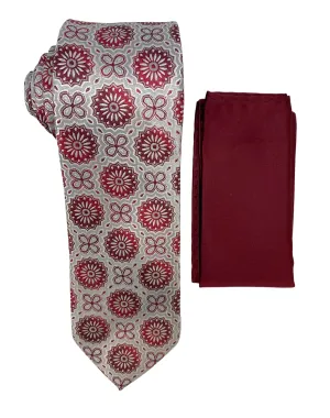Zenio Geometric Tie and Handkerchief - Burgundy Silver
